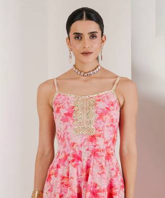 Pink print hand embroidered anarkali set 2