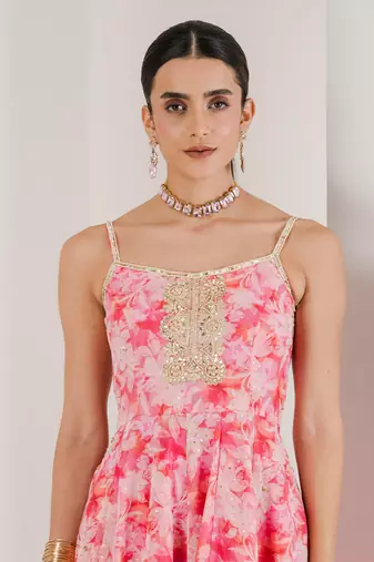 Pink print hand embroidered anarkali set