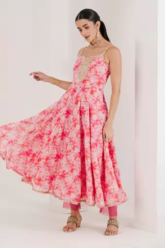 Pink print hand embroidered anarkali set