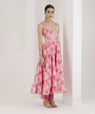 Pink print hand embroidered anarkali set 4