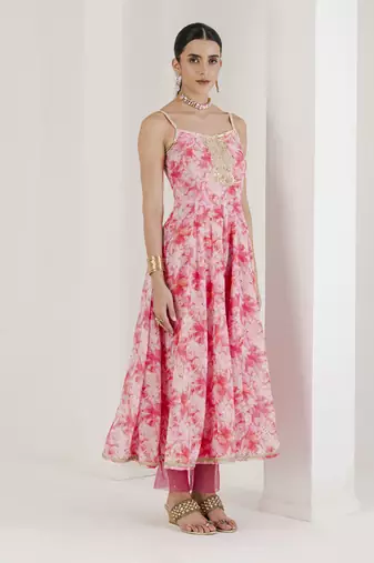 Pink print hand embroidered anarkali set