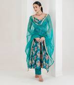 Green floral print anarkali set
