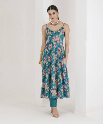 Green floral print anarkali set 2