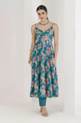Green floral print anarkali set