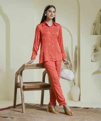 Vivid orange embroidered satin co-ord set 1