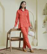 Vivid orange embroidered satin co-ord set