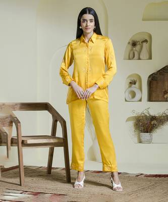 Sunshine yellow satin embroidered co-ord set 1