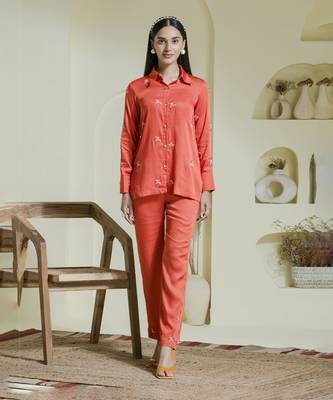 Vivid orange embroidered satin co-ord set 2
