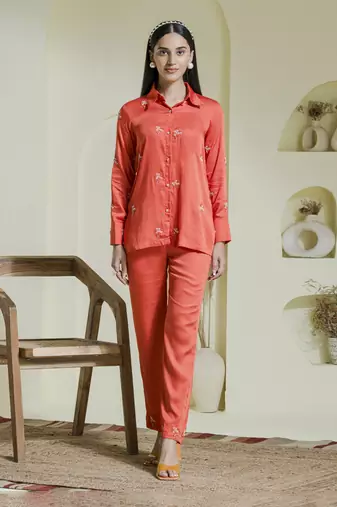 Vivid orange embroidered satin co-ord set