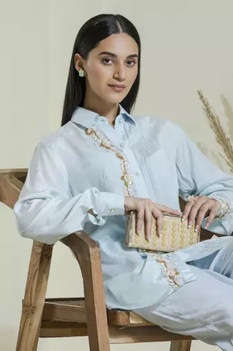 Powder blue hand embroidered co-ord set