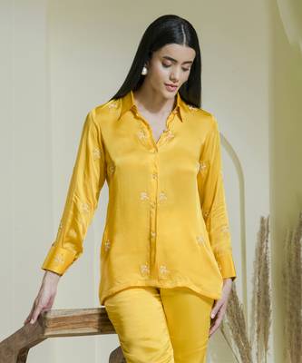 Sunshine yellow satin embroidered co-ord set 2