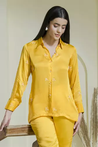 Sunshine yellow satin embroidered co-ord set