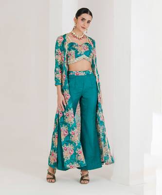 Green floral print three piece jacket top pant set 1