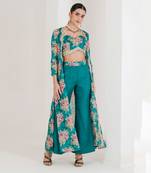 Green floral print three piece jacket top pant set