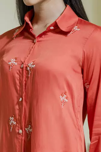 Vivid orange embroidered satin co-ord set