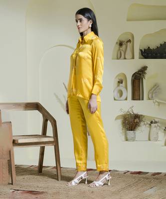 Sunshine yellow satin embroidered co-ord set 3
