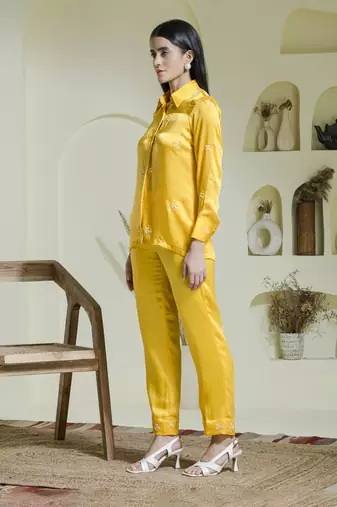 Sunshine yellow satin embroidered co-ord set
