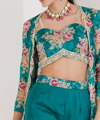 Green floral print three piece jacket top pant set 2