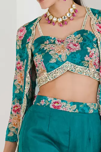 Green floral print three piece jacket top pant set