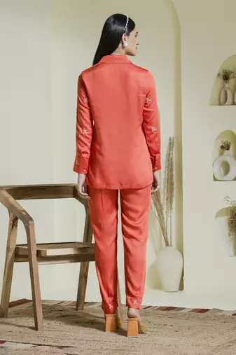 Vivid orange embroidered satin co-ord set