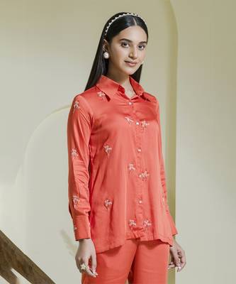 Vivid orange embroidered satin co-ord set 5