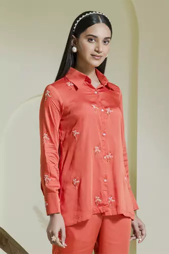 Vivid orange embroidered satin co-ord set