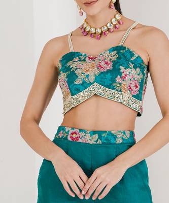 Green floral print three piece jacket top pant set 3