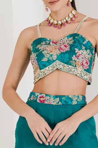 Green floral print three piece jacket top pant set