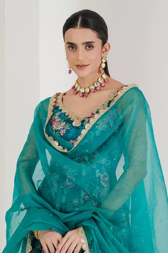 Green floral print anarkali set