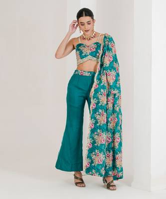 Green floral print three piece jacket top pant set 4