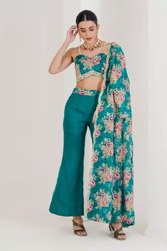 Green floral print three piece jacket top pant set