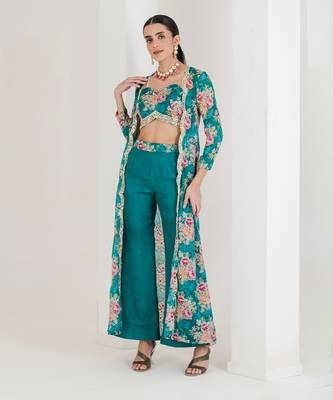 Green floral print three piece jacket top pant set 5