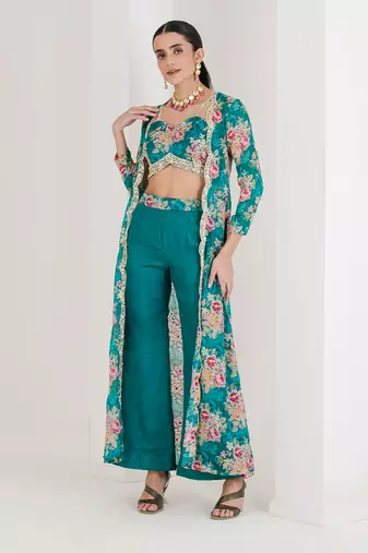 Green floral print three piece jacket top pant set