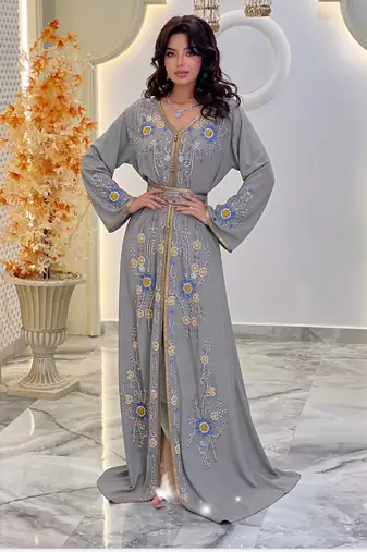 Grey color Handmade Moroccan Kaftan with hijjab