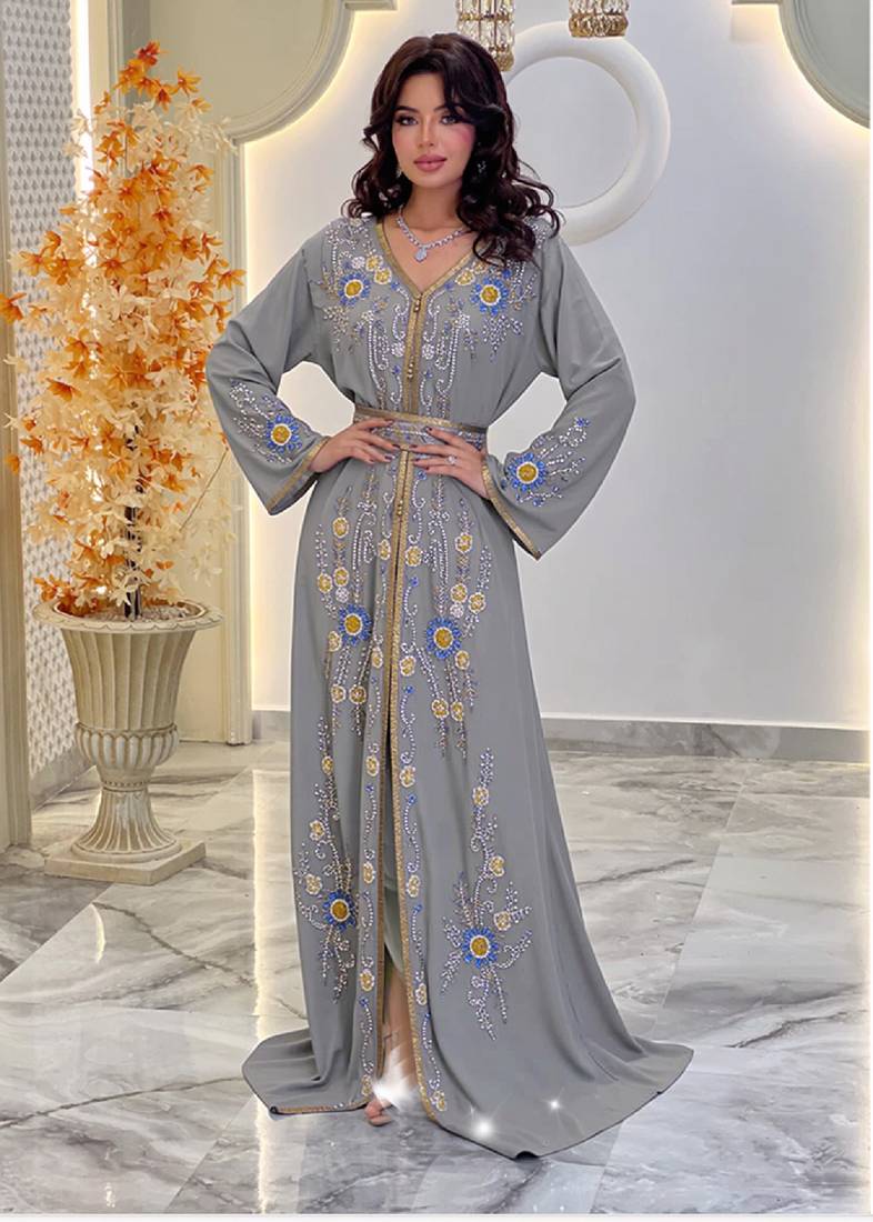 Grey color Handmade Moroccan Kaftan with hijjab