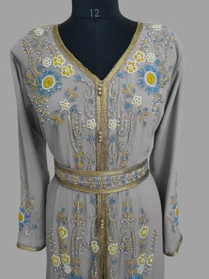 Grey color Handmade Moroccan Kaftan with hijjab 2