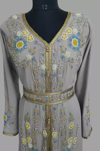 Grey color Handmade Moroccan Kaftan with hijjab