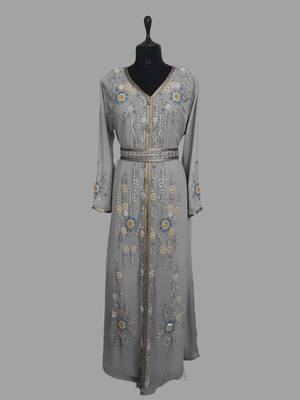 Grey color Handmade Moroccan Kaftan with hijjab 3