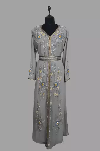 Grey color Handmade Moroccan Kaftan with hijjab