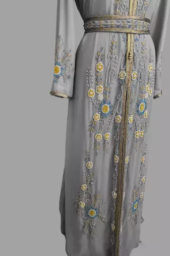 Grey color Handmade Moroccan Kaftan with hijjab