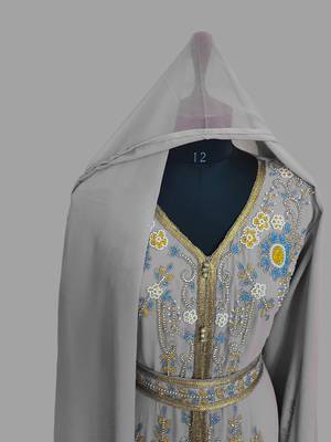 Grey color Handmade Moroccan Kaftan with hijjab 5