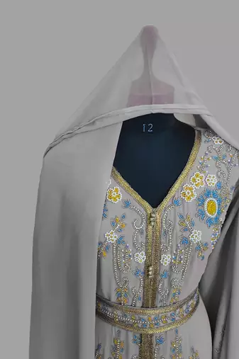 Grey color Handmade Moroccan Kaftan with hijjab