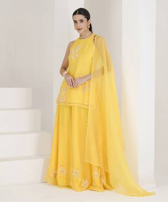 Sunshine yellow hand embroidered sharara set 1
