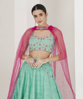 Sea Green & Ruby Pink Hand Embroidered Lehenga Set 5