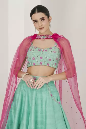 Sea Green & Ruby Pink Hand Embroidered Lehenga Set