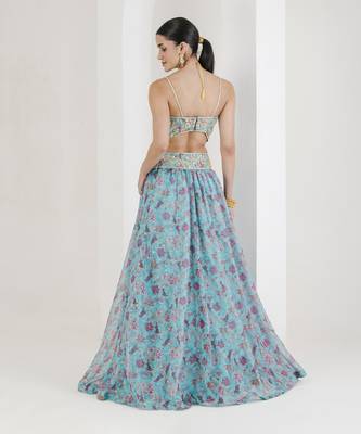 Blue Print Hand Embroidered Lehenga Set 5