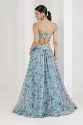 Blue Print Hand Embroidered Lehenga Set