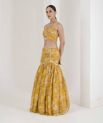 Yellow Print Draped Embroidered Lehenga Set 5