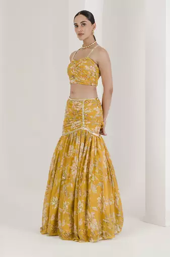 Yellow Print Draped Embroidered Lehenga Set