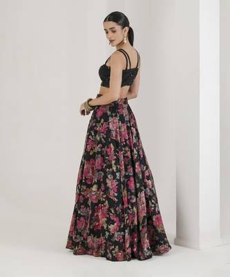 Black Floral Print Lehenga With Cape Set 5
